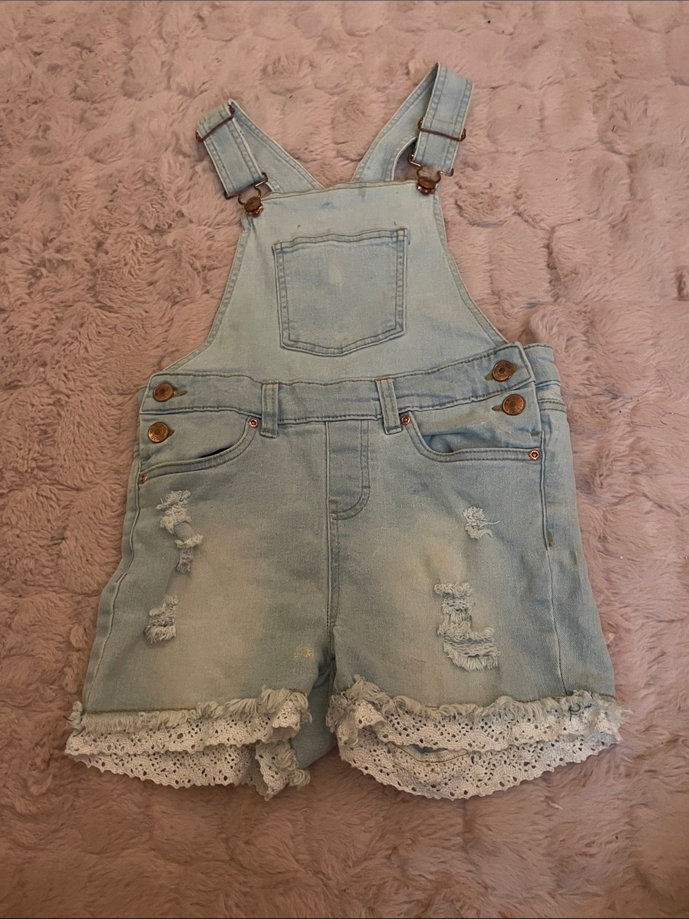 BCBG Light Blue Denim Lace-Trim Shortalls for Girls